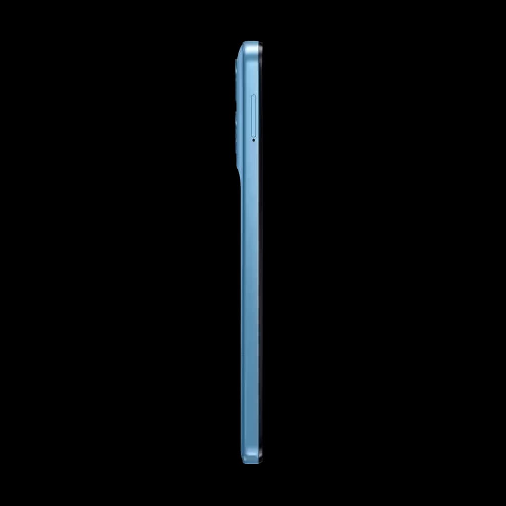 Borde lateral del Motorola Moto G17 en color Alaskan Blue con acabado mate y botón de encendido, perfil delgado y líneas limpias
