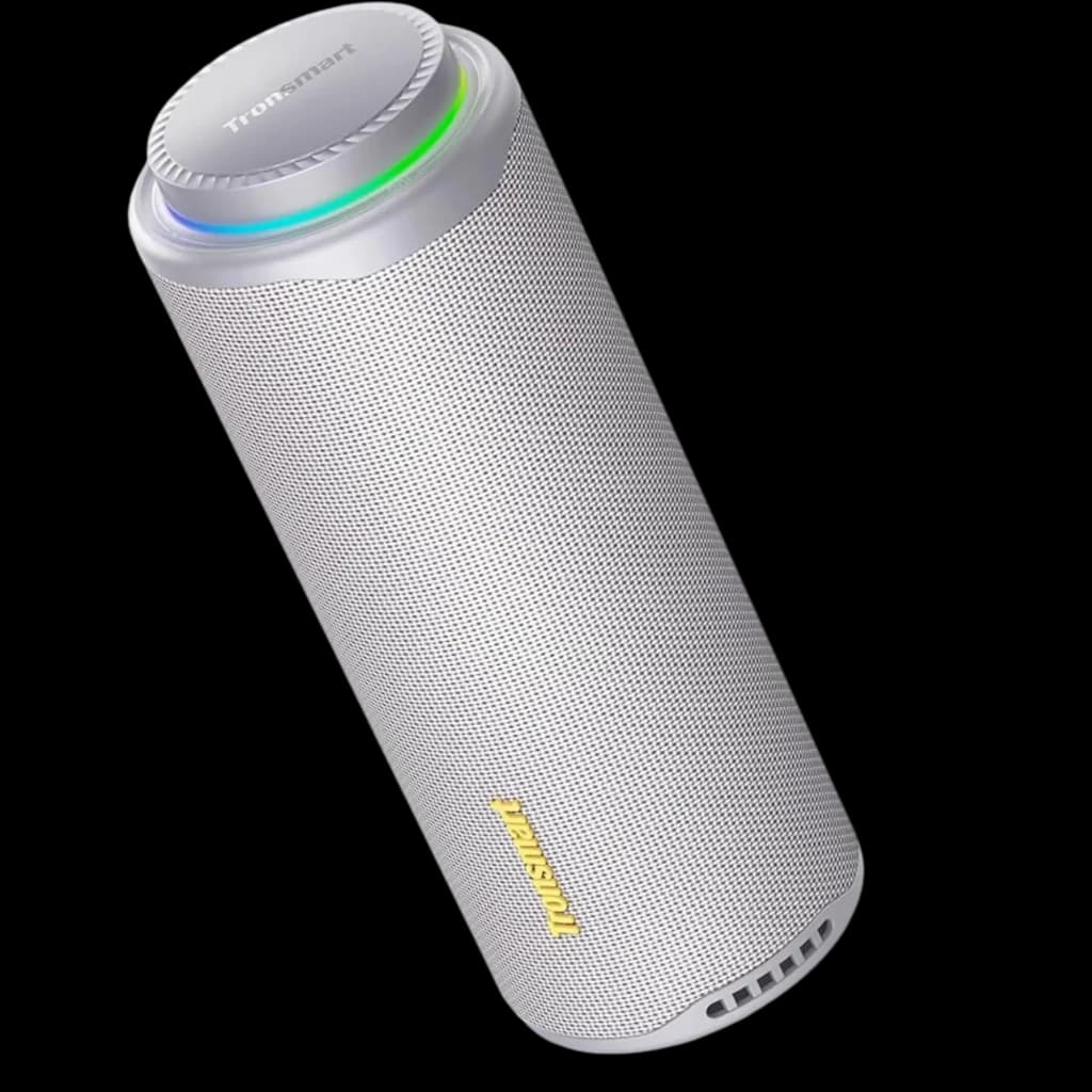 Enceinte cylindrique grise Tronsmart T8 Noir 40 W avec maille métallique, anneau lumineux multicolore sur le dessus et logo latéral, style portable 2.1