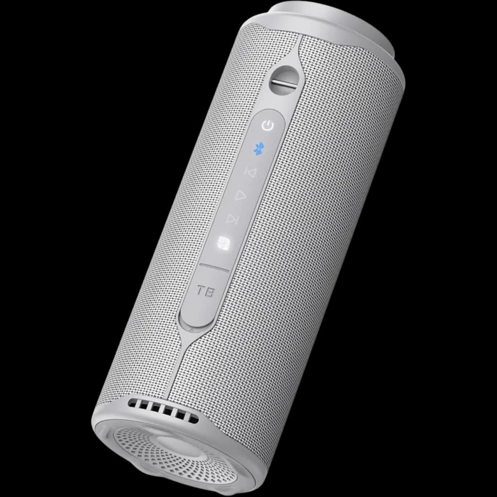 Enceinte cylindrique grise avec grille métal, panneau latéral à boutons rétroéclairés, extrémités basses renforcées, design portable 2.1 40 W
