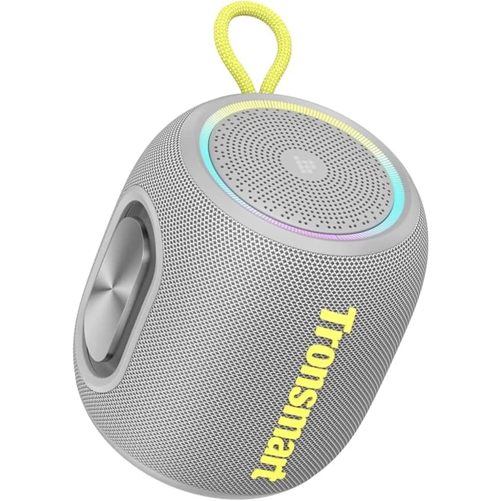 Tronsmart T8 Mini 16 W IPX7 gris, enceinte Bluetooth portable cylindrique avec LED circulaire, maille métallique, radiateur passif latéral et sangle jaune