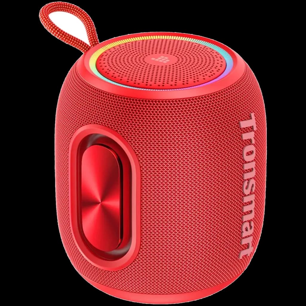 Enceinte rouge compacte avec maille métallisée, boucle de transport, anneau LED multicolore, radiateurs latéraux, design cylindrique IPX7, 16 W Bluetooth