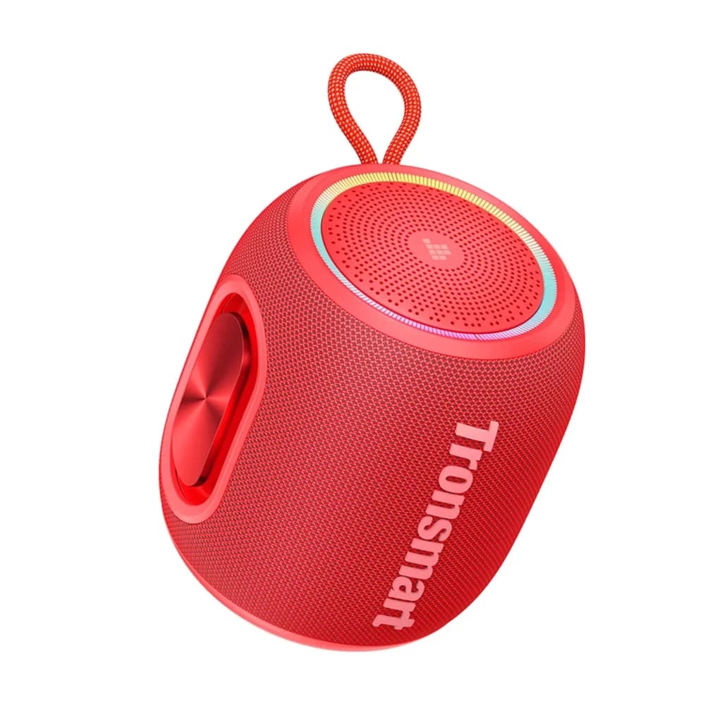 Enceinte rouge compacte avec anse, grille maillée, anneau LED multicolore et radiateurs passifs latéraux; design cylindrique robuste IPX7, 16 W Bluetooth