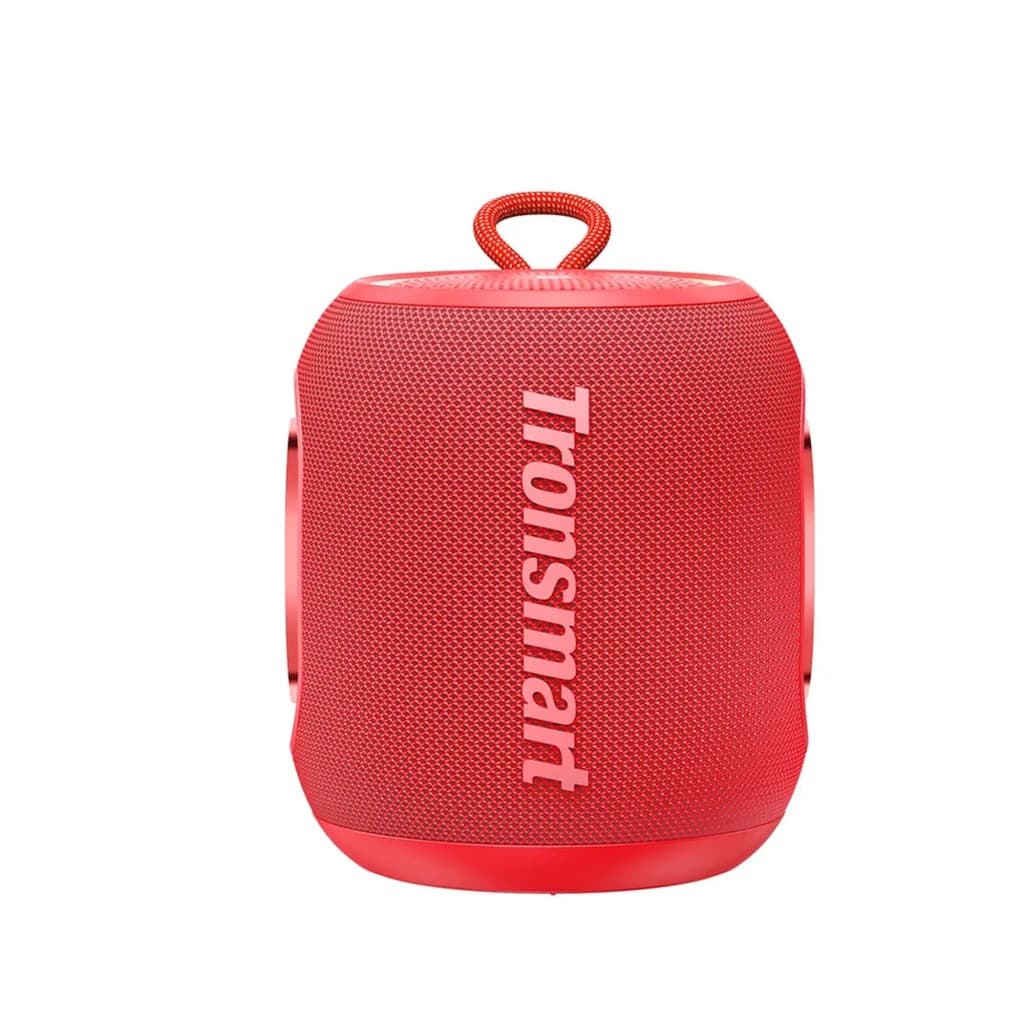 Enceinte rouge compacte 16 W avec maille textile, logo Tronsmart vertical, boucle de transport, commandes latérales, design cylindrique IPX7 étanche portable