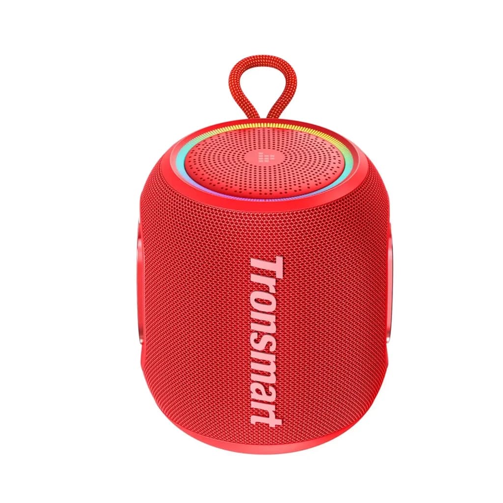 Tronsmart T8 Mini 16 W IPX7 Rouge – enceinte Bluetooth compacte cylindrique, grille perforée, logo latéral, anneau LED multicolore, sangle de transport