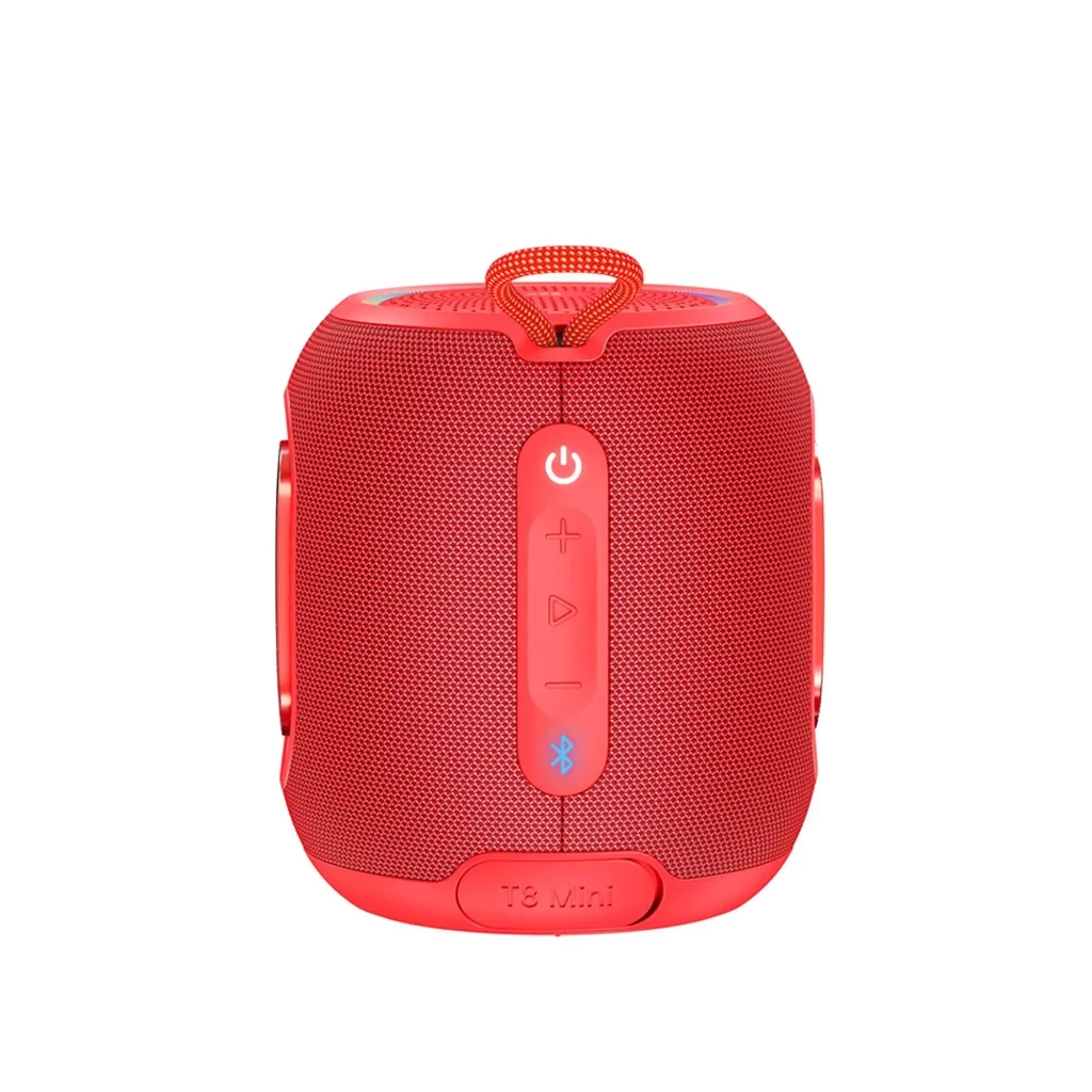 Altavoz portátil Tronsmart T8 Mini rojo, 16W, cuerpo cilíndrico con malla, anillo LED multicolor, radiadores pasivos laterales y correa para colgar, IPX7 - Ítem4