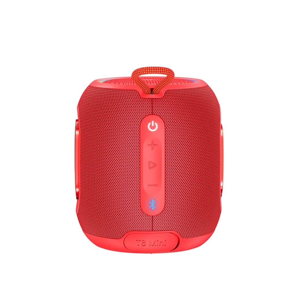 Tronsmart T8 Mini 16 W IPX7 Rouge enceinte Bluetooth portable, compacte, maille rouge, boutons verticaux, lanière supérieure, extrémités arrondies