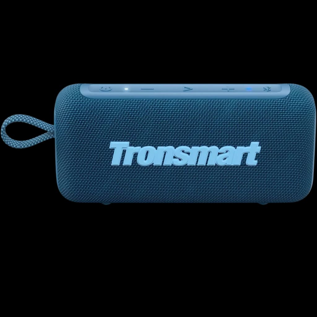 Tronsmart Trip 2 azul, altavoz portátil 10W con tela tejida, asa de cordón, botones superiores y logotipo frontal en relieve; diseño compacto para exteriores