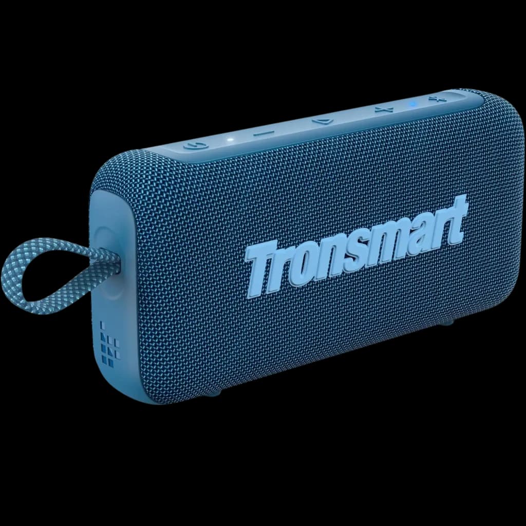 Altavoz portátil Tronsmart Trip 2 azul, cuerpo texturizado, logo frontal, correa lateral, botones superiores y rejilla envolvente, diseño compacto para