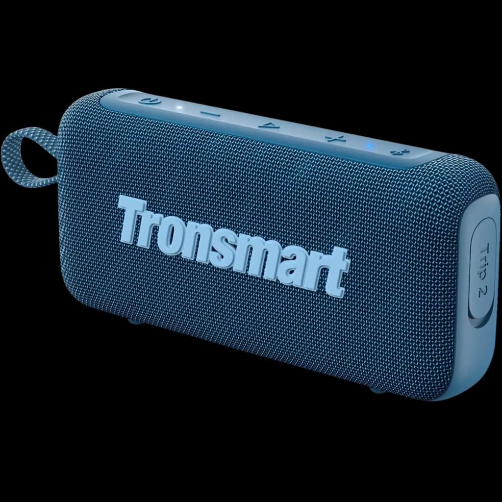Altavoz Tronsmart Trip 2 azul con tejido de malla, logo en relieve, botones superiores, correa lateral y diseño compacto portátil de 10W Bluetooth 5.3