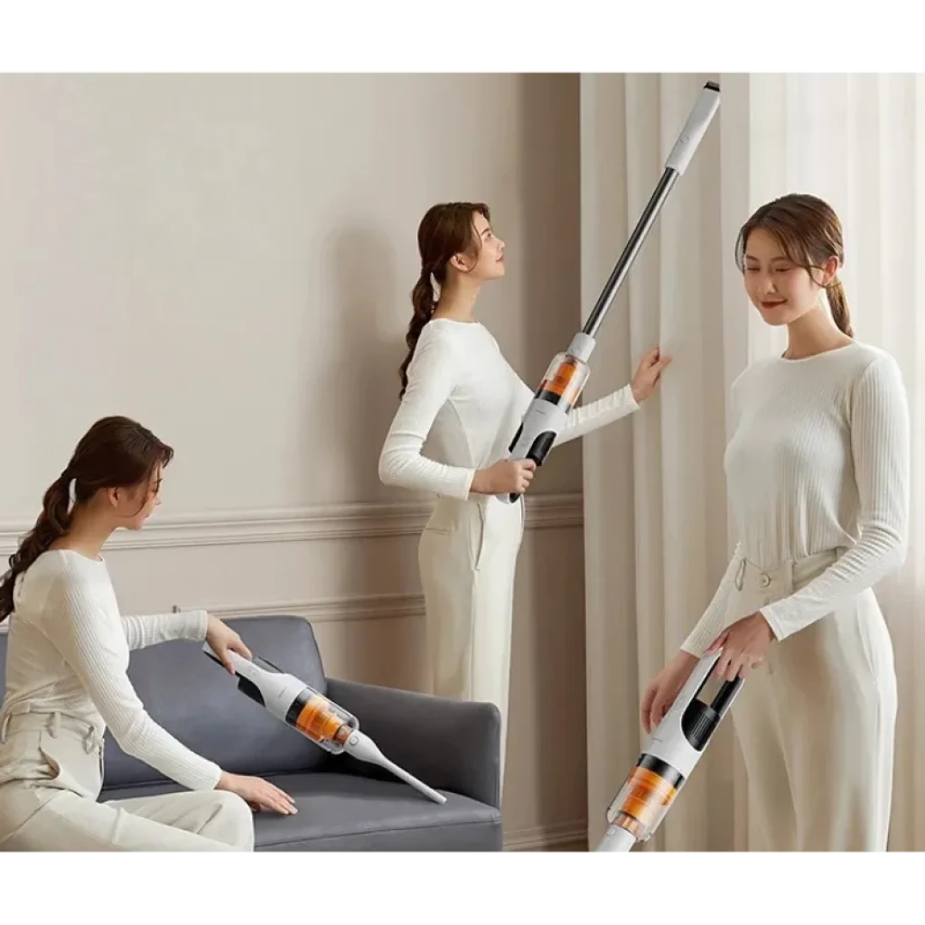 Deerma T10W com corpo fino, tubo metálico comprido, reservatório transparente âmbar e cabeça motorizada de piso - Item5