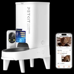 Comedouro automático branco com reservatório 3 L, câmera integrada ao lado da tigela, base elevada com pés destacáveis e app no smartphone para controle