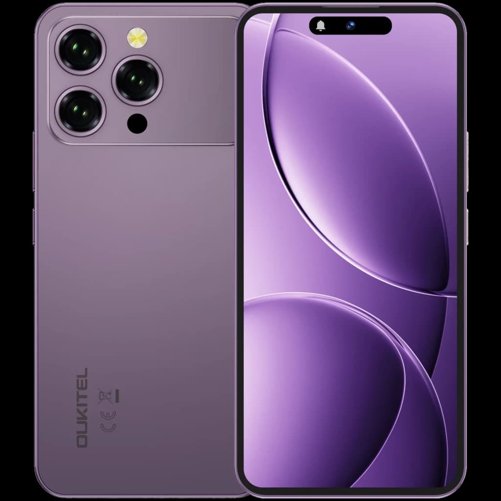 Smartphone Oukitel P1 Pro violet, dos mat avec triple capteur proéminent, écran bord à bord avec encoche pillule, finition élégante et moderne