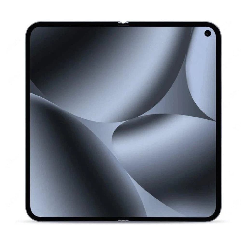 Pantalla OLED plegable de 8 pulgadas con bisagra central apenas visible, bordes finos y cámara frontal perforada en la esquina superior derecha