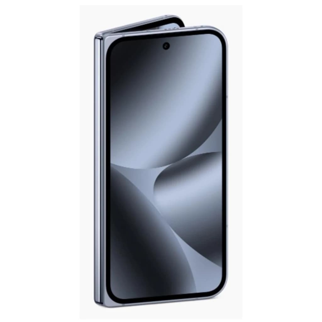 Smartphone plegable en color Piedra Lunar con marco metálico, pantalla frontal perforada y bisagra delgada; diseño elegante de líneas curvas y acabado mate
