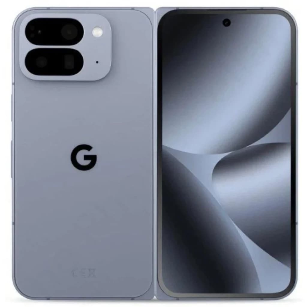 Google Pixel 10 Pro Fold 5G en color Piedra Lunar con módulo de cámaras traseras dual grande, logo G centrado y pantalla OLED interna amplia sin biseles