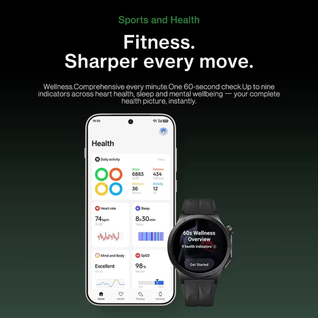 OnePlus Watch 4 verde com ecrã LTPO 1,5 pol, mostrador redondo, bracelete desportiva, botões laterais e interface de saúde com métricas e check-up 60s