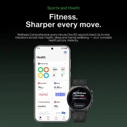 Montre connectée noire OnePlus Watch 4 avec écran LTPO 1,5 pouce, cadran rond, bracelet sport, affichage santé et autonomie annoncée 100 h