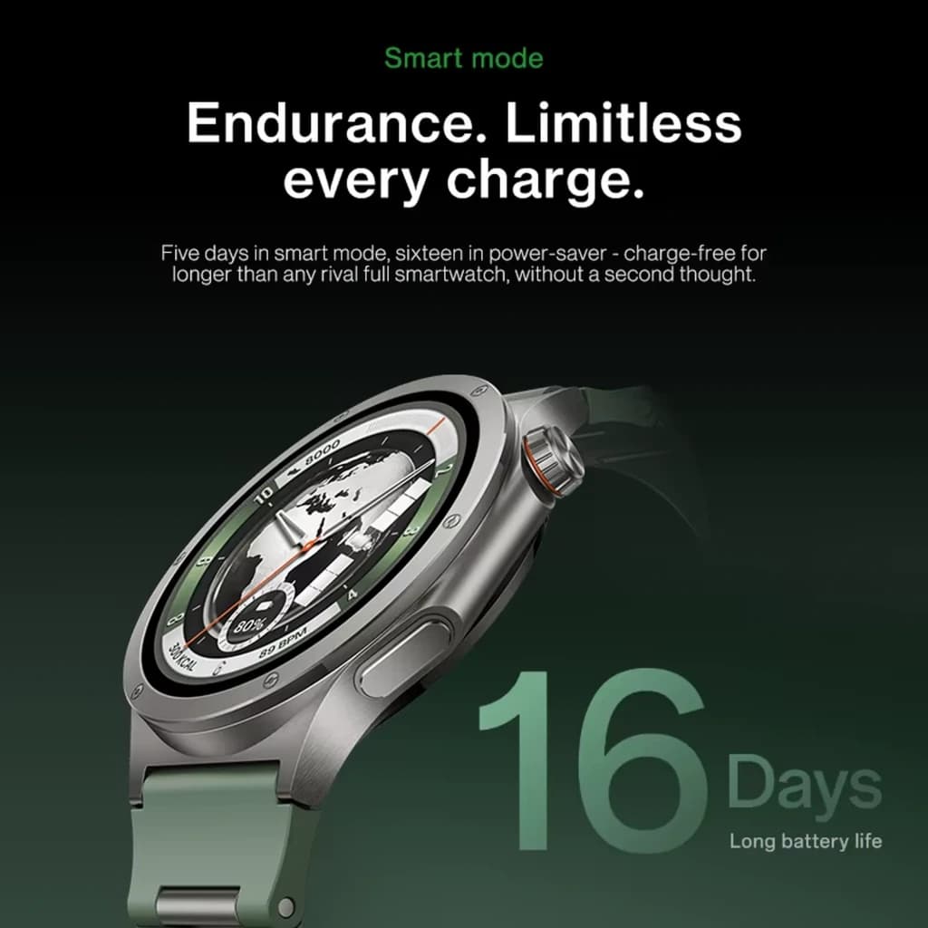 OnePlus Watch 4 verde com caixa metálica, ecrã LTPO 1,5 pol curvo, bezel cinza, dois botões laterais e bracelete silicone verde; destaque 16 dias de bateria