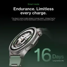 OnePlus Watch 4 noir avec boîtier argenté, écran LTPO 1,5 pouce bord à bord, lunette marquée, deux boutons latéraux, bracelet vert mat, autonomie longue