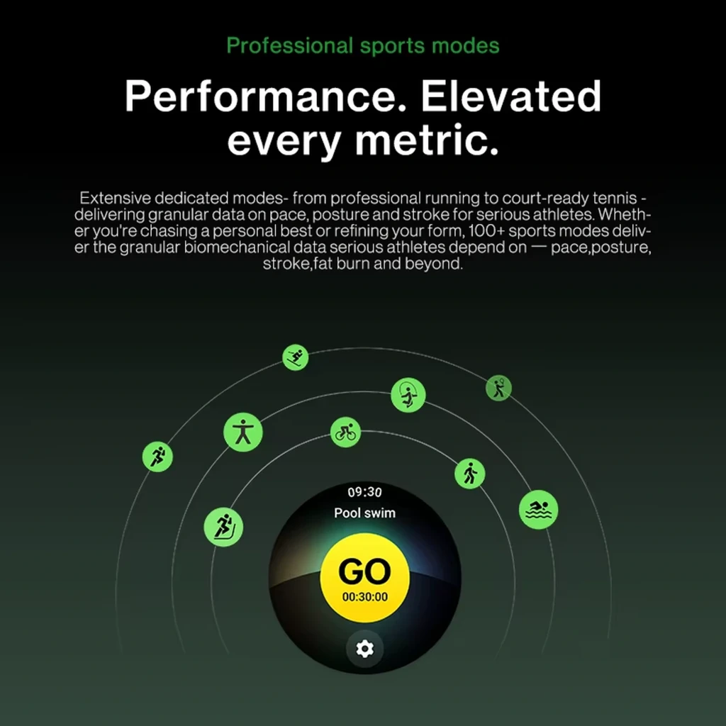 OnePlus Watch 4 preto com ecrã LTPO 1,5 pol, mostrador circular com números laranja, caixa metálica robusta e bracelete de silicone com fivela ajustável - Item4