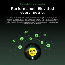 OnePlus Watch 4 noire avec écran LTPO 1,5 pouce, cadran circulaire, interface sportive verte, icônes dactivités multiples, affichage GO natation 30 min