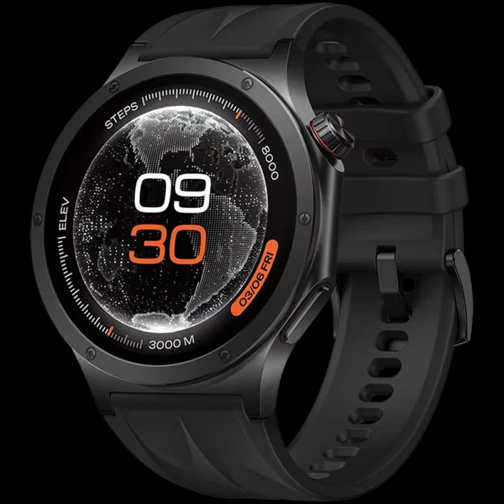 Montre connectée noire OnePlus Watch 4 avec écran LTPO 1,5 pouce, cadran rond noir, chiffres orange, boîtier métal et bracelet silicone sport ajustable