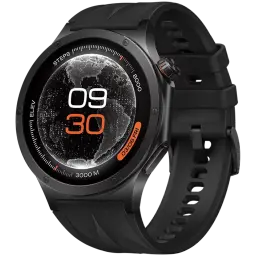 Montre connectée noire OnePlus Watch 4 avec écran LTPO 1,5 pouce, cadran rond noir, chiffres orange, boîtier métal et bracelet silicone sport ajustable