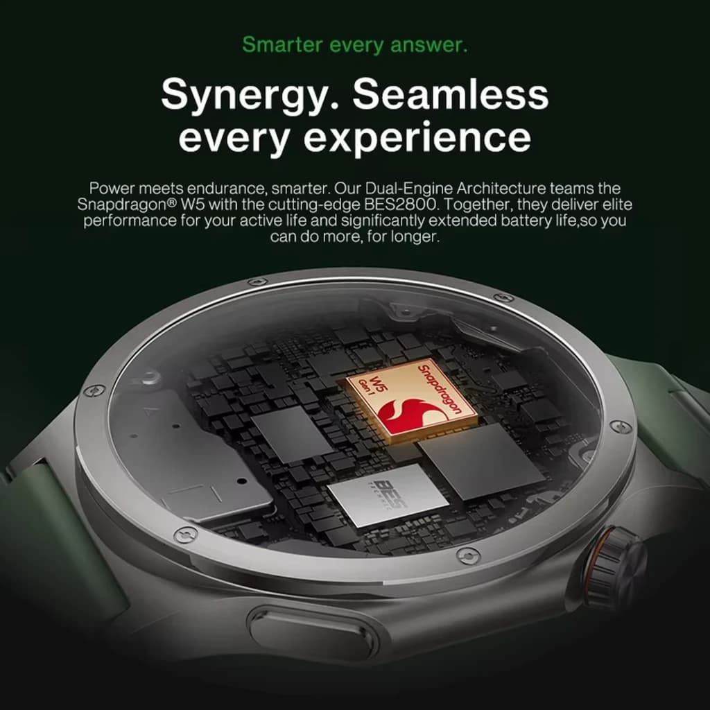 OnePlus Watch 4 verde com mostrador redondo e botões laterais; detalhe interno do chip Snapdragon W5 e arquitetura Dual-Engine sob o vidro LTPO 1,5 pol