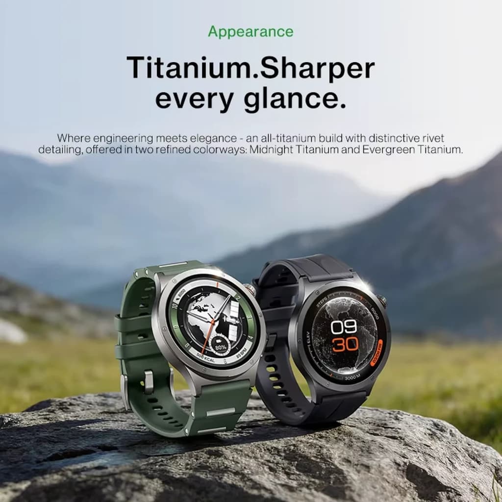 OnePlus Watch 4 verde com caixa de titânio, ecrã LTPO 1,5 pol, mostrador redondo, bisel robusto e pulseira perfurada estilo esportivo