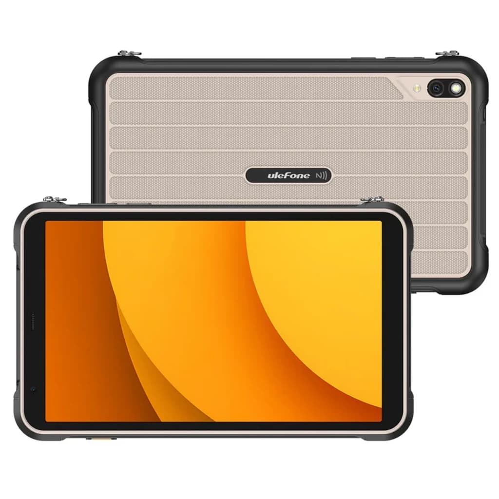 Tablette robuste grise Ulefone Rugking Pad Pro NFC avec dos texturé, coins renforcés, double visserie, écran large bord noir et module photo arrière 15 MPx