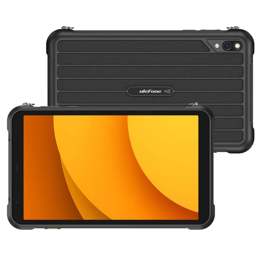 Tablette robuste Ulefone Rugking Pad Pro noir avec coque antichoc texturée, écran large aux bordures épaisses, caméra arrière avec flash et logo NFC