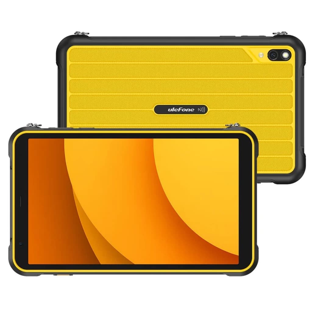 Tablette robuste jaune Ulefone Rugking Pad Pro NFC 4G avec coque antichoc noire, double caméra, écran 8,68 pouces, ports protégés et bords renforcés