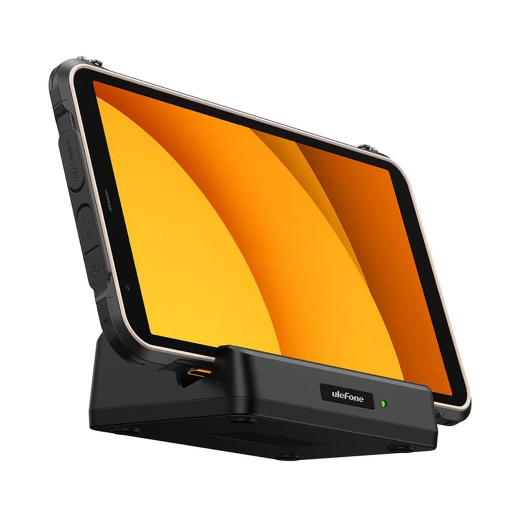 Tablette robuste jaune sur dock de chargement Ulefone avec cadre renforcé, grand écran 8,68 pouces, boutons latéraux texturés et indicateur LED vert