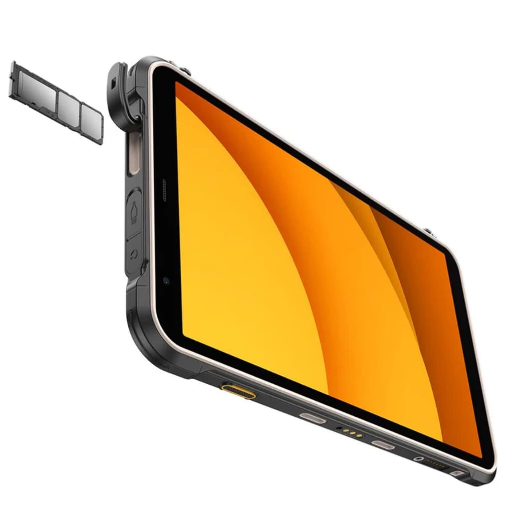 Tablette robuste jaune avec écran 8,68 pouces, tranches renforcées, ports latéraux, boutons physiques, module SIM/SD éjecté et connecteurs pogo dorés