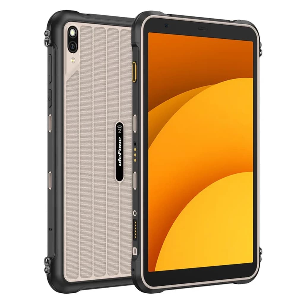 Tablette robuste Ulefone Rugking Pad Pro noire et beige, bords renforcés, grand écran, module NFC visible, double appareil photo arrière et ports latéraux