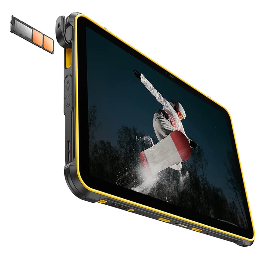 Tablette robuste noire Ulefone RugKing Pad 2 Pro avec cadre jaune, écran large, slot carte SIM microSD latéral, boutons renforcés et coins protégés
