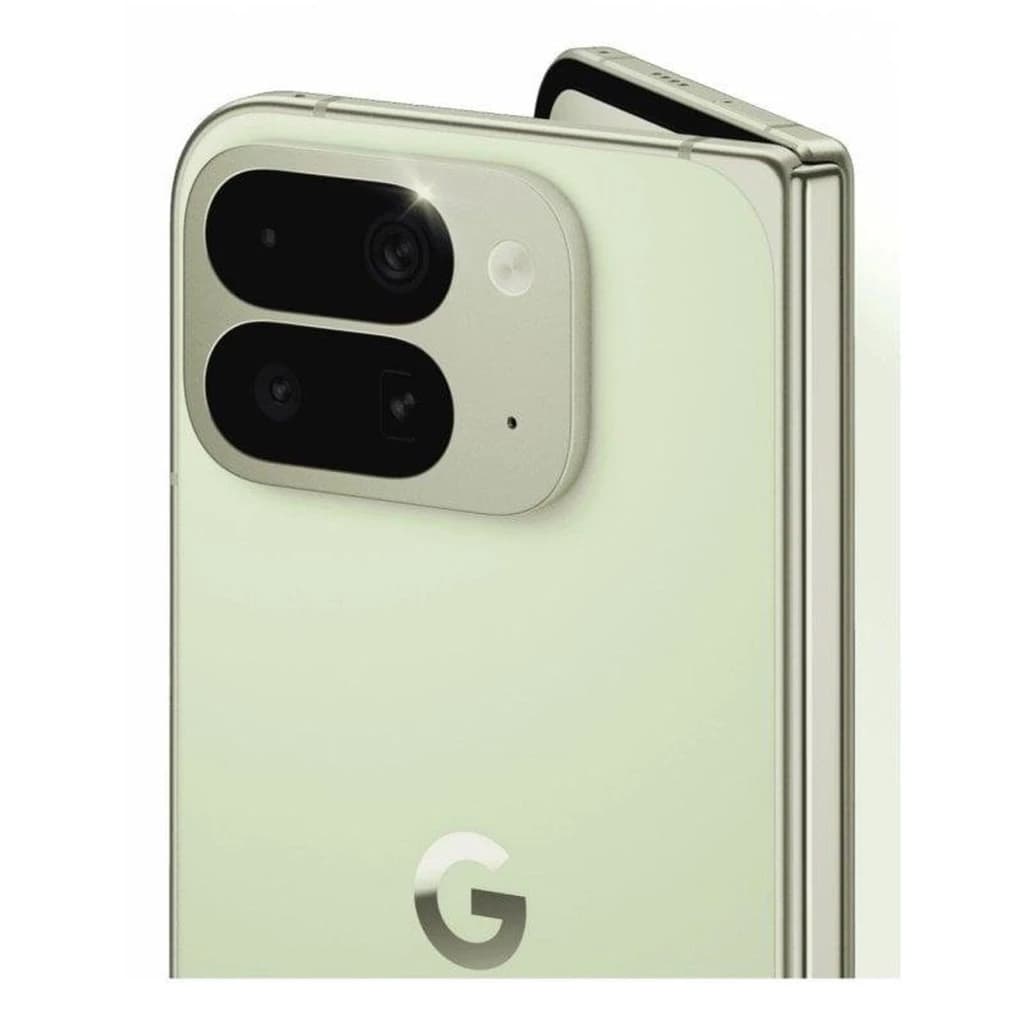 Google Pixel 10 Pro Fold 5G jade dobrável, traseira em verde claro, módulo triplo de câmeras proeminente, acabamento premium com bordas metálicas