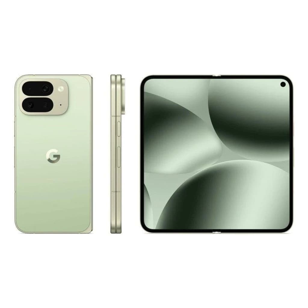 Google Pixel 10 Pro Fold 5G jade dobrável com tela interna ampla perfurada, traseira verde com logo G, módulo triplo de câmeras e bordas finas
