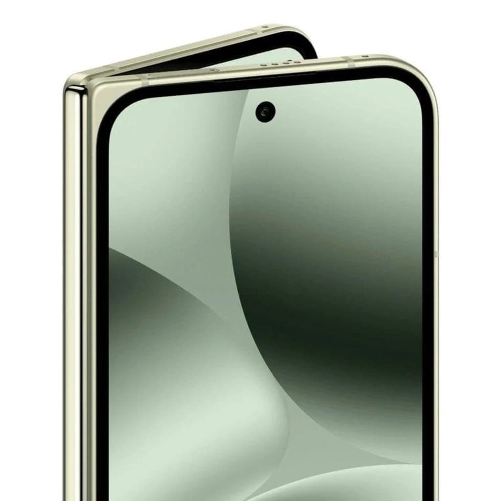 Parte superior do Google Pixel 10 Pro Fold 5G em jade, tela interna ampla com furo central para câmera, design dobrável com bordas metálicas elegantes