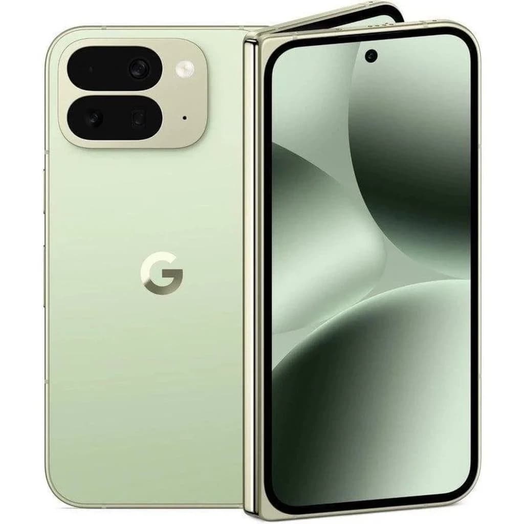 Smartphone dobrável jade com tela interna ampla e externa perfurada, módulo triplo de câmeras traseiras, acabamento metálico e logo G central na tampa