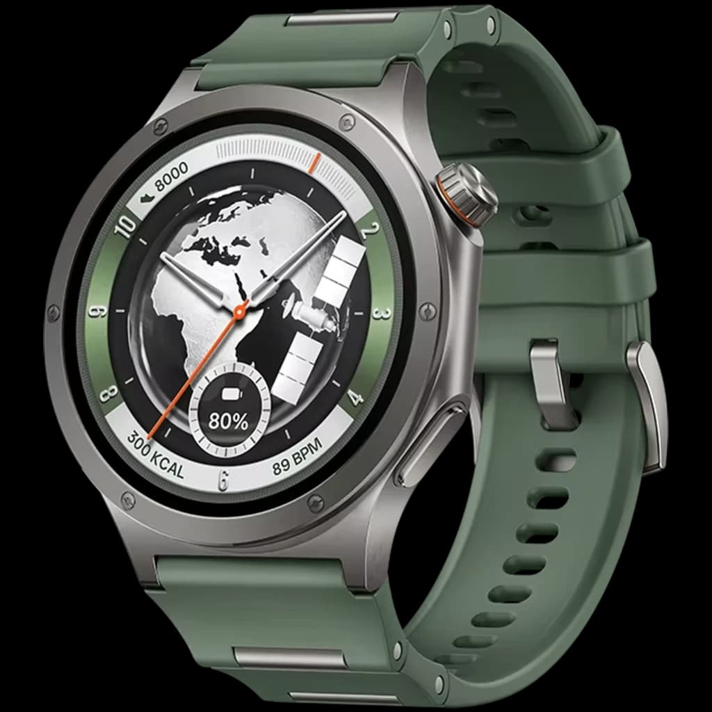 Montre connectée verte OnePlus Watch 4 avec boîtier métal, écran LTPO 1,5 pouce circulaire, cadran globe, bouton et couronne, bracelet silicone perforé
