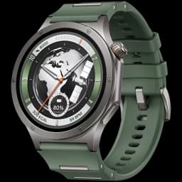 Montre connectée verte OnePlus Watch 4 avec boîtier métal, écran LTPO 1,5 pouce circulaire, cadran globe, bouton et couronne, bracelet silicone perforé