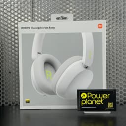Caixa dos Auscultadores Redmi Headphones Neo em branco areia, design over-ear acolchoado, letras R/L em verde-lima e logótipo Redmi no aro, destaque Hi-Res