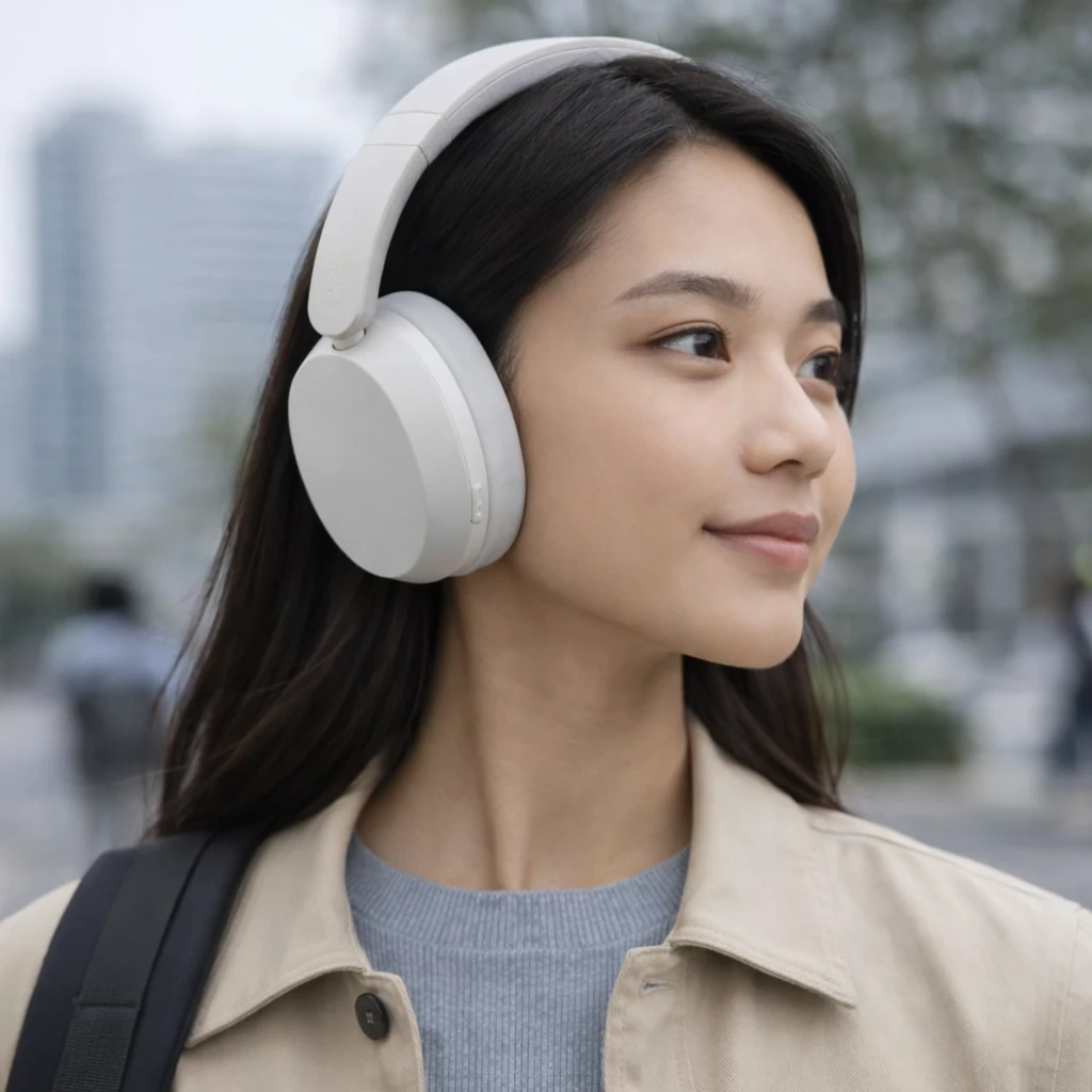 Casque Redmi Neo blanc sable, arceau ajustable, oreillettes ovales rembourrées, logo vert, design épuré circum-aural, commandes discrètes, finition mate - Ítem2