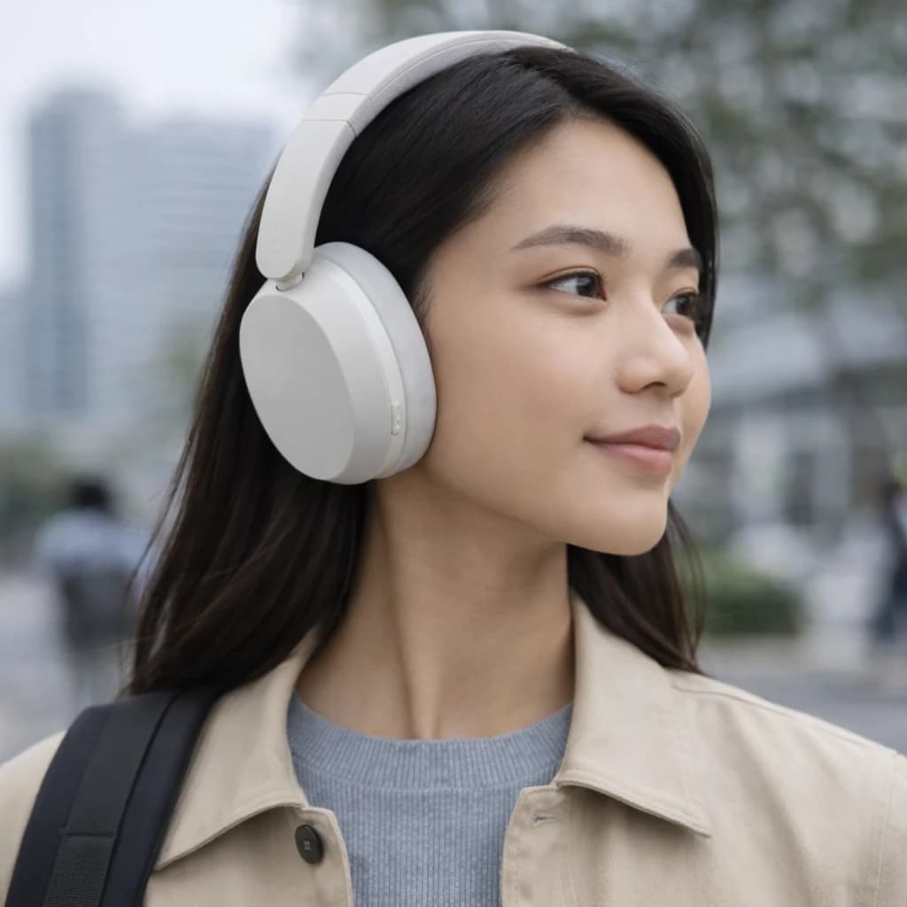 Auscultadores REDMI Headphones Neo em Branco Areia, design over-ear minimalista com almofadas macias, arco ajustável e botões discretos na concha esquerda