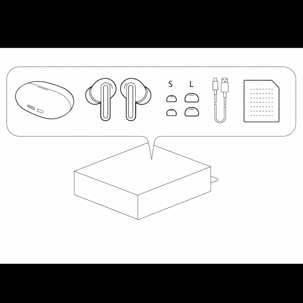 Étui blanc compact USB-C, écouteurs intra blancs à tiges, embouts S M L, câble USB-C, guide papier. Design minimal, finition lisse, détails soignés.