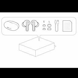 Étui blanc compact USB-C, écouteurs intra blancs à tiges, embouts S M L, câble USB-C, guide papier. Design minimal, finition lisse, détails soignés.