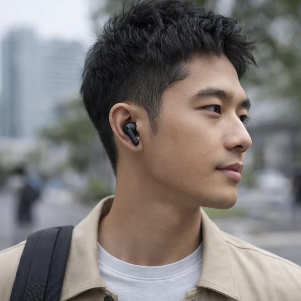 Écouteur intra-auriculaire noir compact au design épuré, tige courte mate, embout silicone discret, porté à l’oreille, finition soignée et moderne