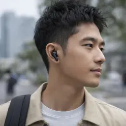 Écouteur intra-auriculaire noir compact au design épuré, tige courte mate, embout silicone discret, porté à l’oreille, finition soignée et moderne