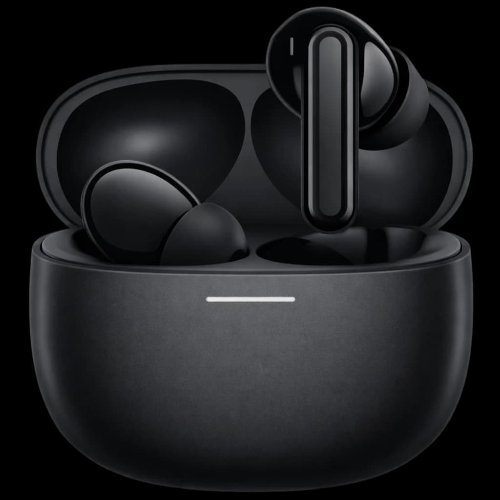 Boîtier noir mat avec écouteurs intra-auriculaires noirs, tiges brillantes, indicateur LED discret sur l’étui, design compact et minimaliste